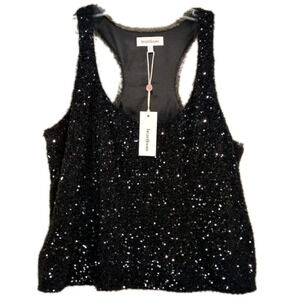 Heartloom Black Sequin Racerback Tank M NWT Cropped NYE Mesh Trim Holiday